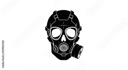 Detailed Black Gas Mask with Round Lenses and Multi-Feature Design Isolated on White Background