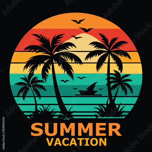 Enjoy Summer Vacation Retro Palm Tree Sunset Design, Colorful Summer Travel T-Shirt Art with Retro Vibes. Retro Sunset Palm Trees Summer Vacation Graphic Vector Design.