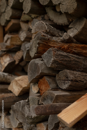 This captivating image showcases a wellorganized arrangement of various firewood types and sizes, ideal for cozy fireplaces and outdoor fire pits, adding warmth and ambiance