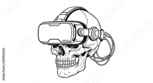 Digital Rendering of a Skull Wearing a Virtual Reality Headset Conveying Technology and Mortality Isolated on White Background