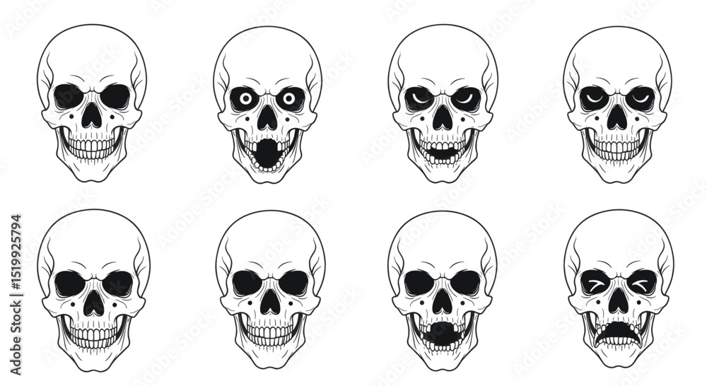 Collection Of Pixel Art Skulls With Varied Expressions And Designs Isolated On White Background Collection Of Pixel Art Skulls With Varied Expressions And Designs Isolated On White Background