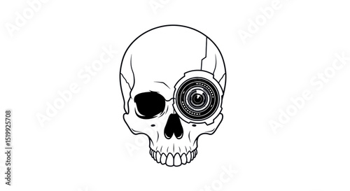 Skull Illustration with Camera Lens Embedded in the Eye Socket Isolated on White Background