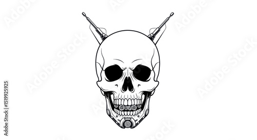 Intricate Hand-Drawn Skull Design with Horns and Detailed Features Isolated on White Background