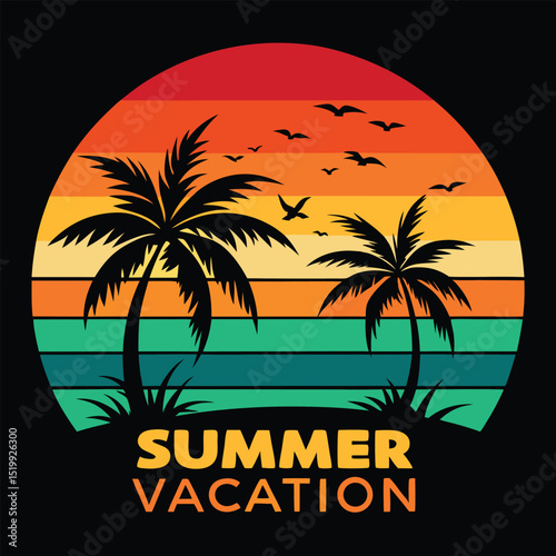 Enjoy Summer Vacation Retro Palm Tree Sunset Design, Colorful Summer Travel T-Shirt Art with Retro Vibes. Retro Sunset Palm Trees Summer Vacation Graphic Vector Design.