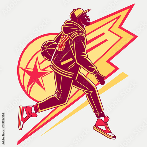 Dynamic Basketball Player Illustration with Retro Style and Energetic Background Elements