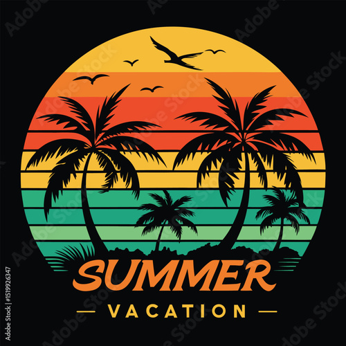 Enjoy Summer Vacation Retro Palm Tree Sunset Design, Colorful Summer Travel T-Shirt Art with Retro Vibes. Retro Sunset Palm Trees Summer Vacation Graphic Vector Design.