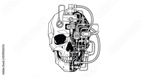 Futuristic Skull With Mechanical Components And Cybernetic Enhancements Isolated On White Background