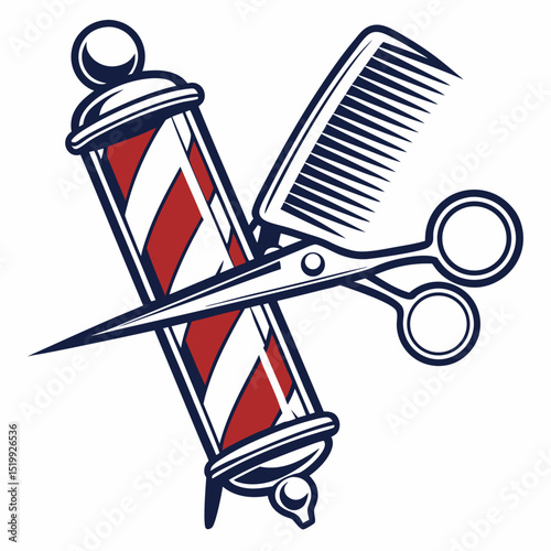 Barber Shop Emblem Featuring a Pole Scissors and Comb in Vector Style