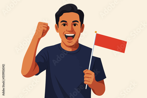 Excited Indonesian Man Holding Flag and Celebrating