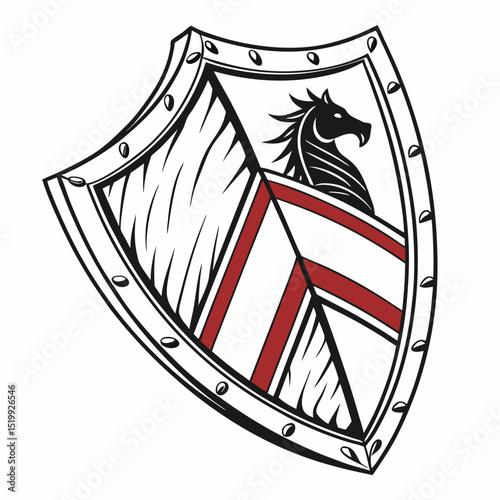 Heraldic Shield with Horse Head Red Stripes and Riveted Border Illustration