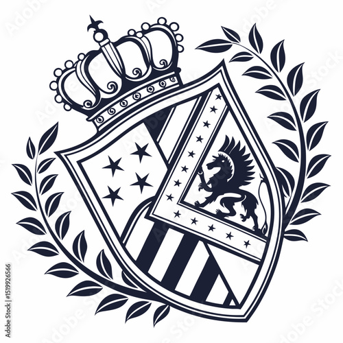 Elegant Heraldic Crest with Crown Shield Griffin Stars Stripes and Laurel Wreath