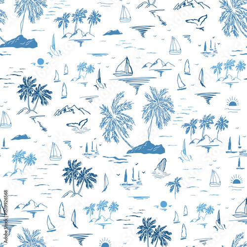Blue sketched tropical island pattern on white background with palm tree, sailboats, yacht, waves. Vector summer beach landscape textile design, ocean repeat background, wallpaper in hand drawn style.