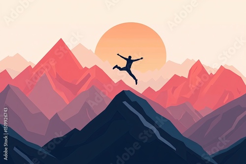 Man leaps joyfully over mountain peak at sunrise