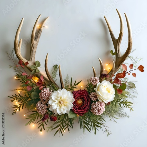 Deer antlers adorned with vibrant flowers and greenery create a striking wall decoration while soft, warm lights are woven through the arrangement, enhancing the natural elegance of the floral display