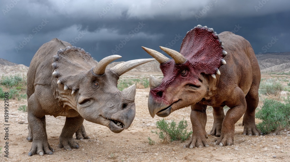 Fototapeta premium Two triceratops dinosaurs in prehistoric desert landscape under dark stormy sky