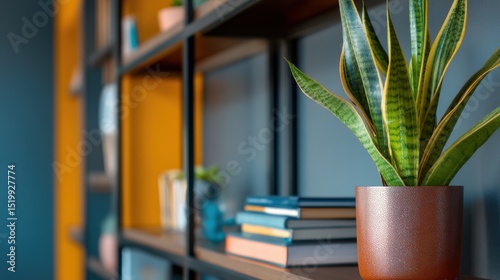 Minimalist Virtual Conference Background with Greenery and Books on Shelf