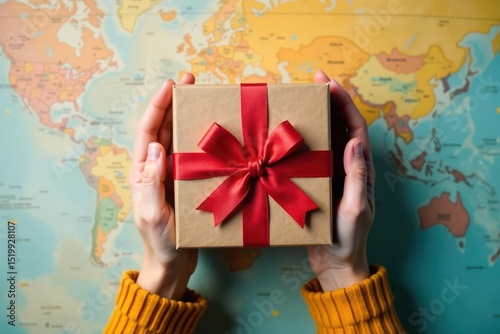 Opened gift box, hands cradling lid, overhead shot, background, container, unwrapping