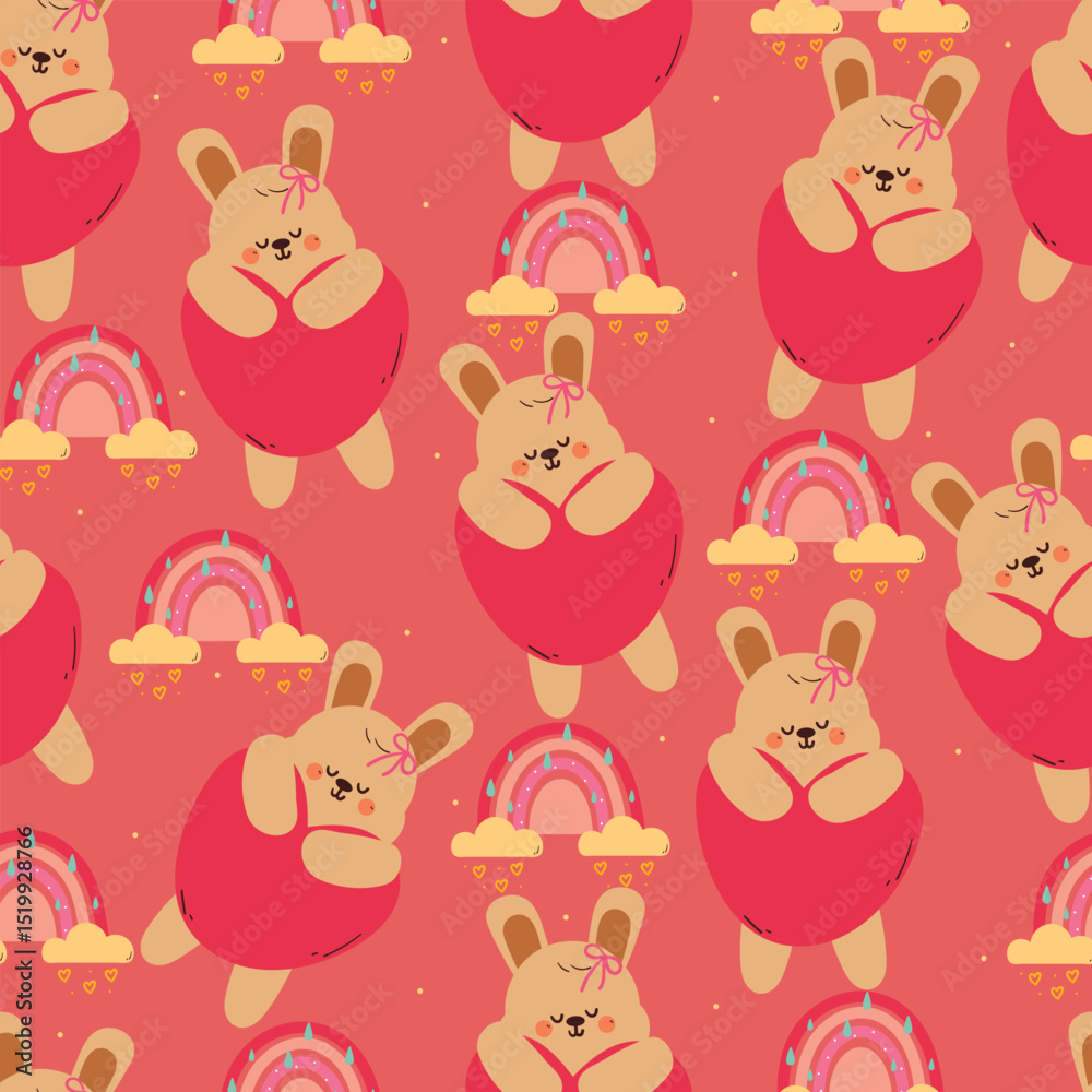 Naklejka premium seamless pattern cute cartoon bunny with pink heart balloon and rainbow. cute animal drawing for wallpaper and background
