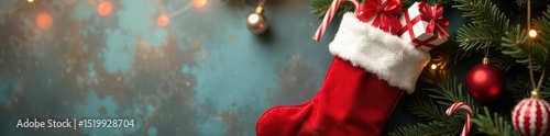 Red Christmas stocking filled with wrapped presents, candy canes & miniature decorations , fir, bow