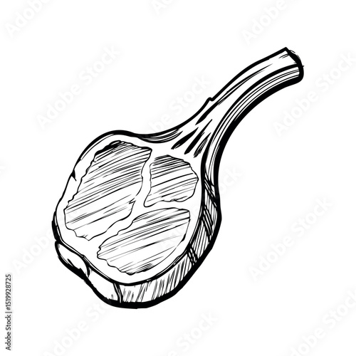 A hand-drawn illustration of a lamb chop with a bone. The meat is marbled and has visible grill marks, showcasing its texture and shape.