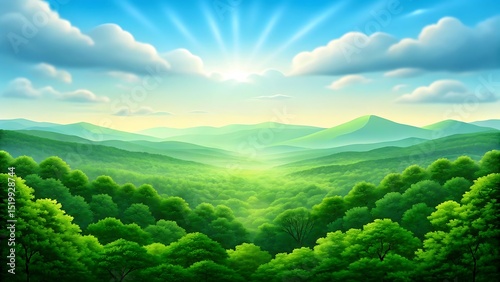 Serene Green Valley Landscape Sunlit Mountains and Lush Forest