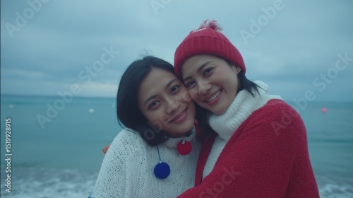 Smiling Asian women enjoy a winter day by the beach while wearing cozy sweaters and wool hats photo