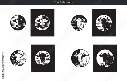 Illustrated cow silhouette designs set showcasing black and white circular graphics perfect for branding