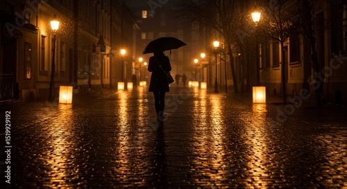 A woman walks alone in the rain at night, holding an umbrella, as glowing lanterns illuminate the wet cobblestone street.
