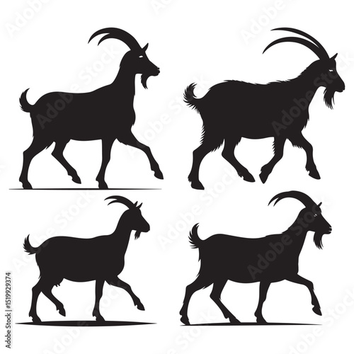 Set of isolated goat silhouettes, with some appearing like goat