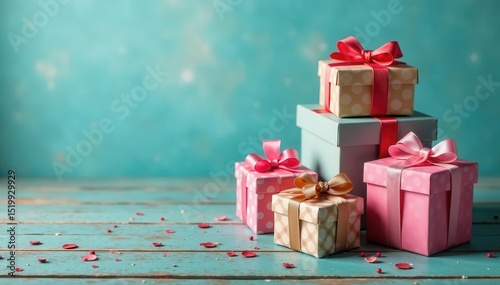 Set of assorted gift boxes on weathered wood, birthday setting , packaging, background, boxes
