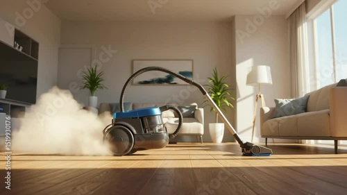 Vacuum cleaner expelling dust in a modern living room during home cleaning