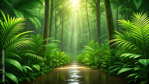Lush Rainforest Path Sunlight Through Dense Foliage