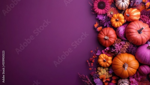 Autumnal pumpkins and flowers on a purple background