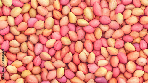 A vibrant, artistic pattern of colorful, pink and yellow seeds filling the entire frame.