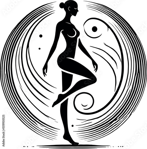 A black-and-white minimalist oil drop silhouette of a woman with hands on her chest, surrounded by breathing lines forming a circle. Represents wellness and breathing exercises with elegance.
