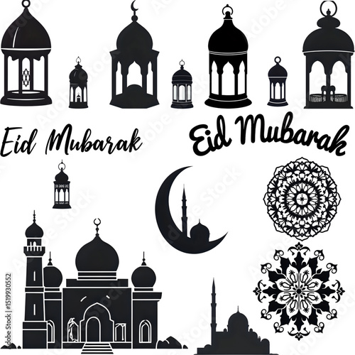 Islamic ornaments set for Eid. Eid mubarak, moon, Islamic festival, mosque, miner, Islamic lantern.