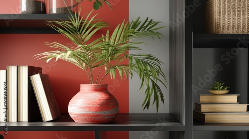 Minimalist Home Office Background with Greenery and Stylish Bookshelves