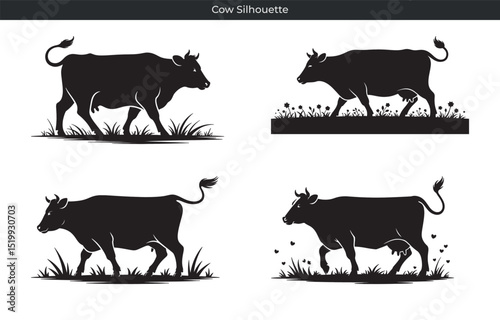 Set of four black and white cow silhouettes walking in a field design elements