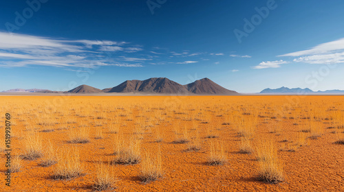 Arid desert landscape with scattered grasses, distant mountains, and a clear blue sky.