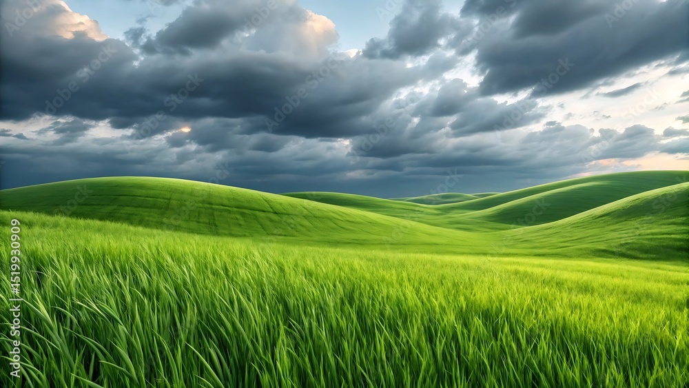 Fototapeta premium Serene Rolling Hills Landscape Under Dramatic Sky