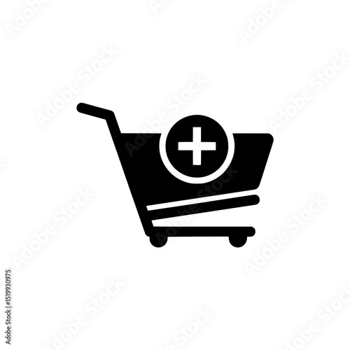 Solid Black Icon of Shopping Cart with Addition Symbol
