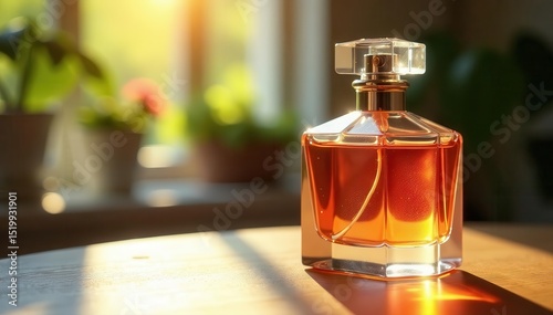 Sunlit floral perfume bottle on table, close-up , floral, design