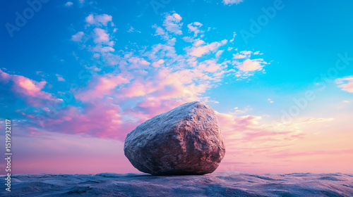 A large rock rests on a flat surface under a vibrant, colorful sky with scattered clouds at sunrise or sunset.