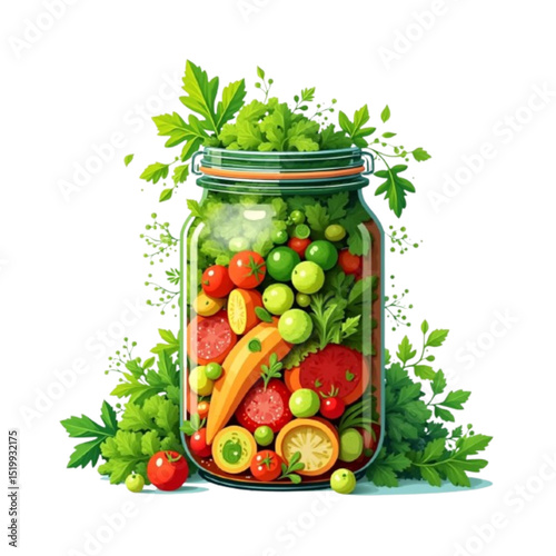 Jar full of fresh vegetables and herbs showcasing healthy eating and nature