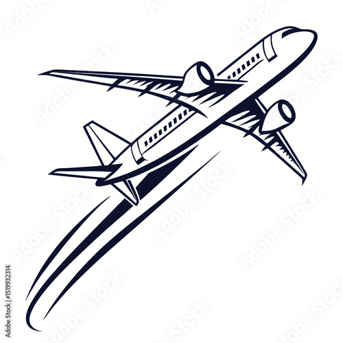 Stylized Airplane Ascending with Motion Lines Black and White Illustration