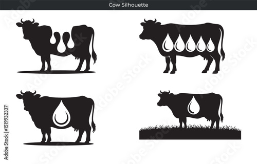 Four stylized silhouette designs of cows with milk drops indicating dairy production
