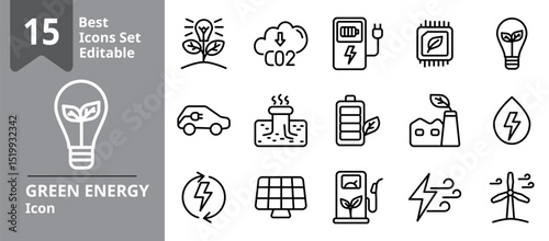 Set of Green Energy icons. Icons Contains biomass, carbon neutral, eco lightbulb, geothermal, solar panel, etc . Design elements for you projects. Editable stroke vector illustration