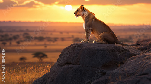 Lioness Watching Sunset from Rocky Outcrop in Serengeti National Park