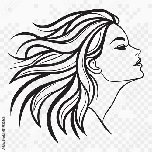 Elegant Woman Profile with Flowing Hair Black and White Line Art