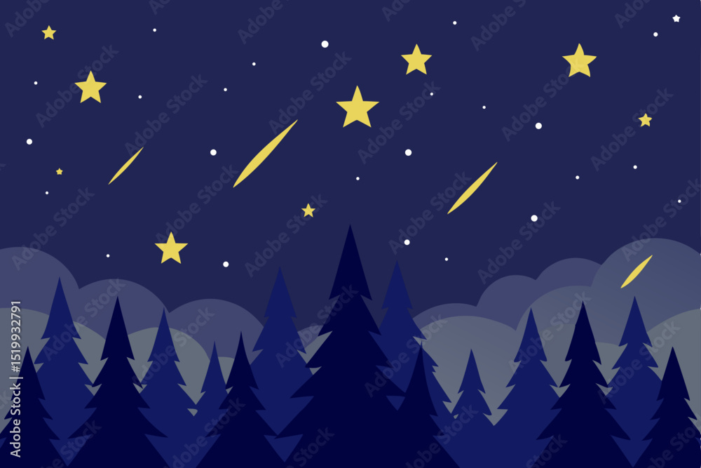 Obraz premium Night sky, starry landscape, dark blue forest, shooting stars, vector illustration